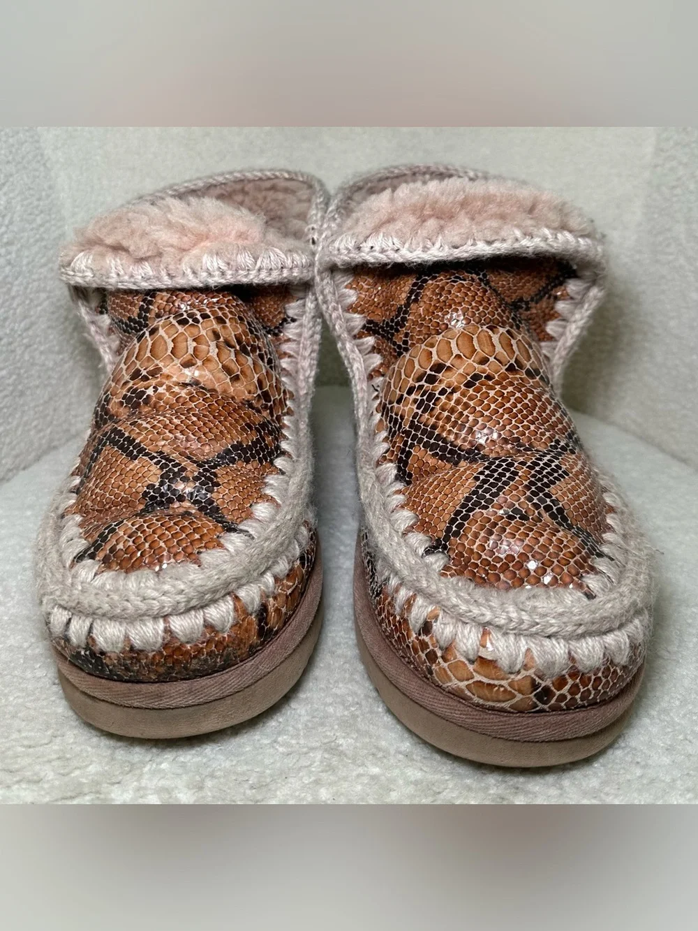 MOU Eskimo 18 Snake Python Print Shearling Ankle Boots Tan Cream Brown Winter 9